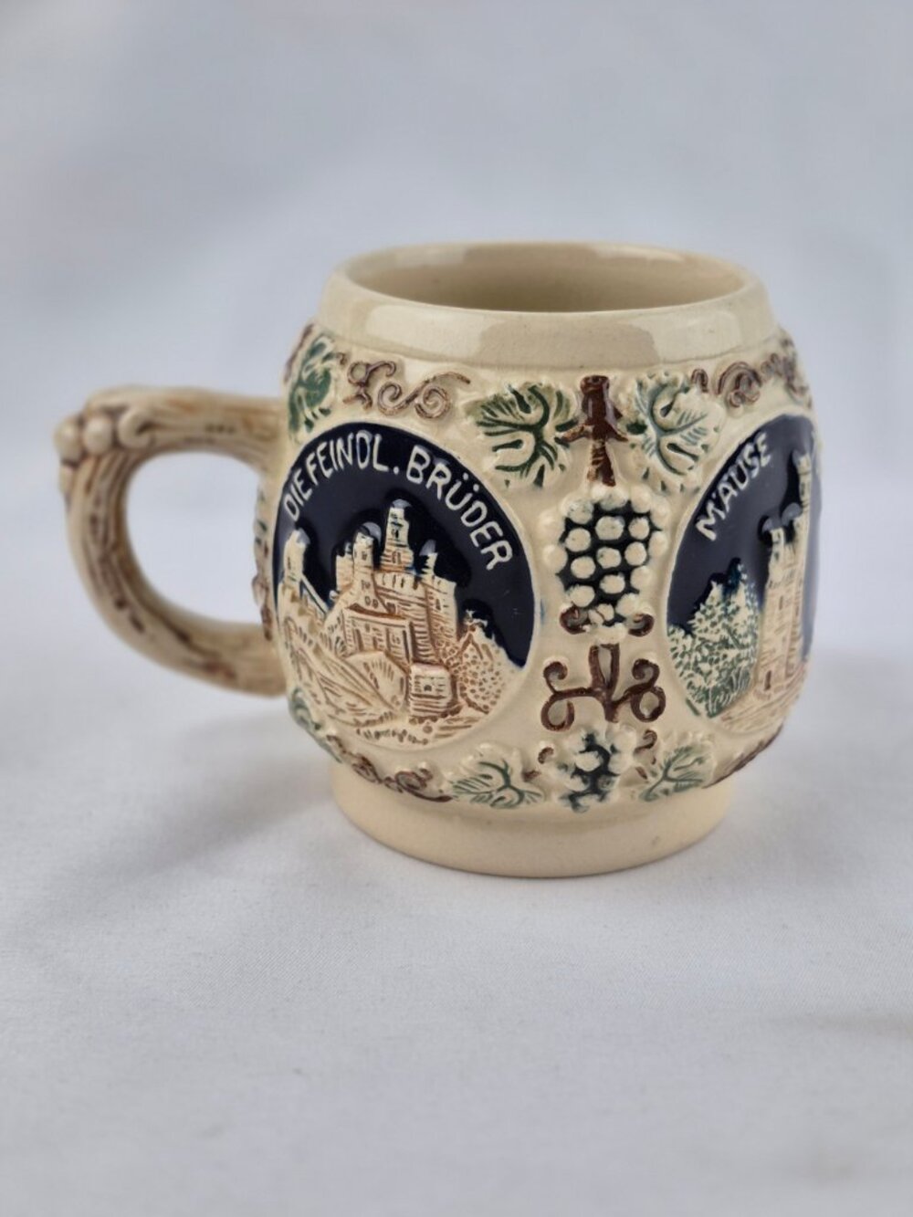 Vintage German Stoneware Cup/Stein Embossed with Castles & Grapevines